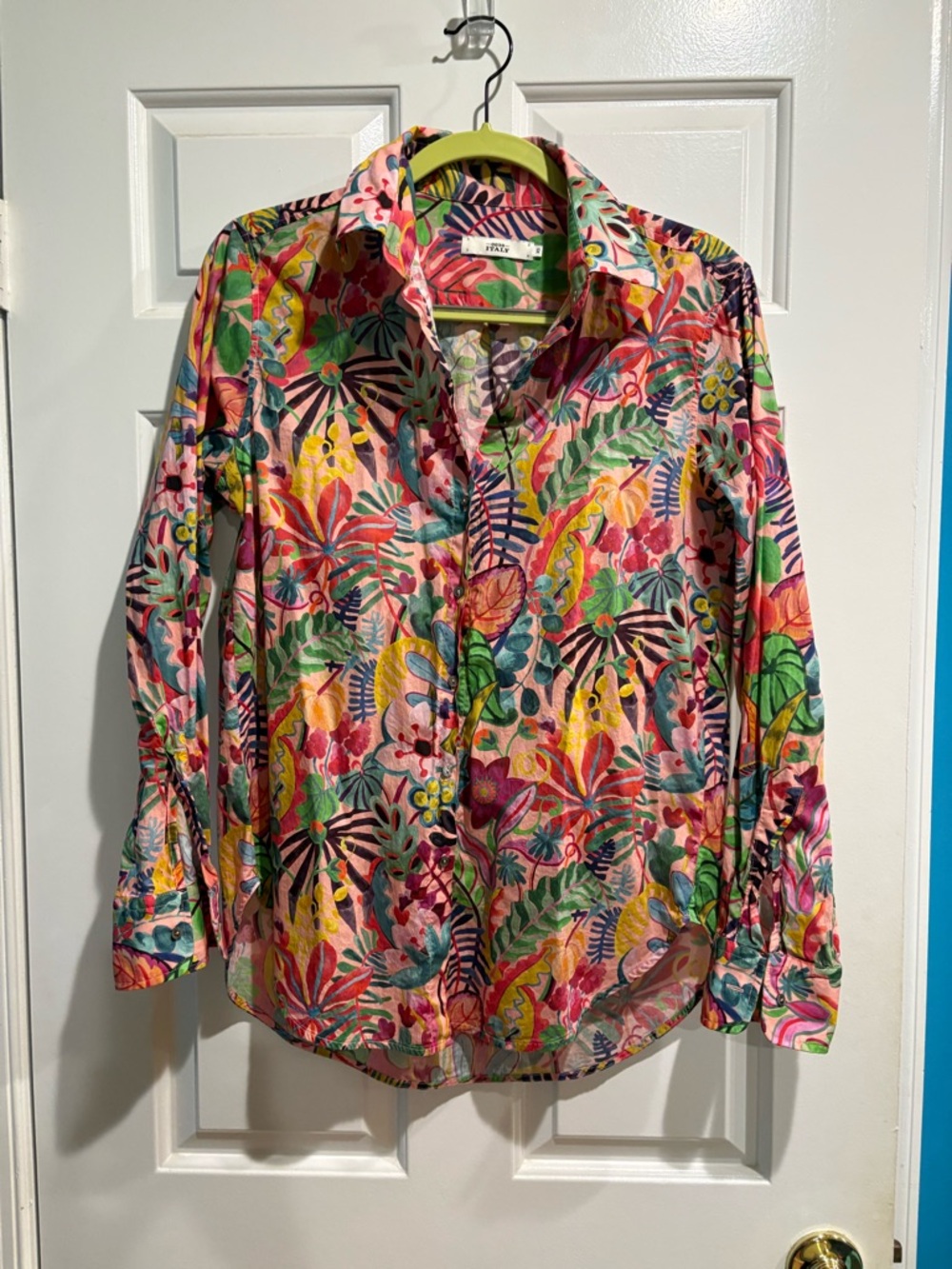 0039 Italy button down tropical leaves shirt pink XS S